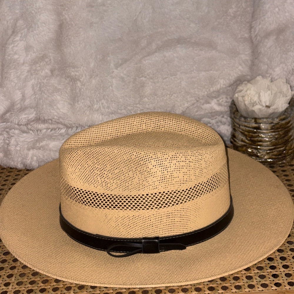 Mens western hat Tan Straw Fedora with brown leather Band #pug#western#cowboyhat